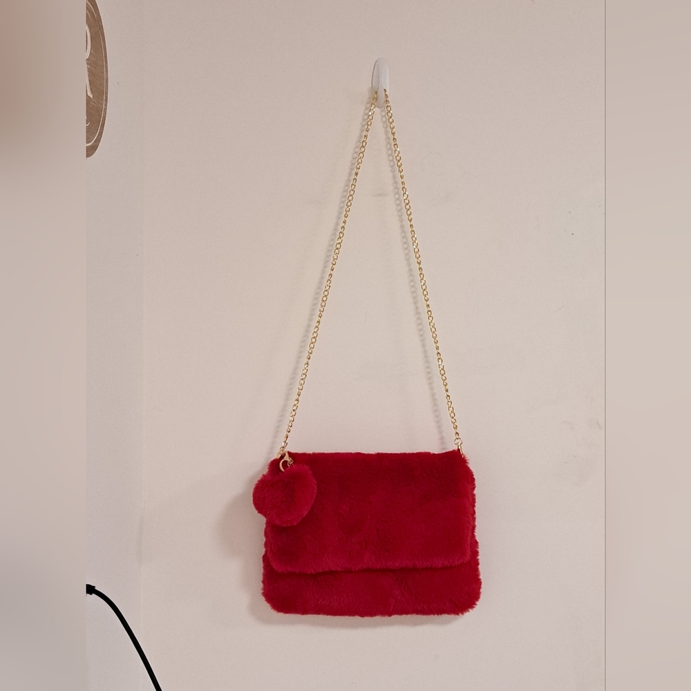 Elegant Red Faux Fur Crossbody Bag With Goldtone Chain